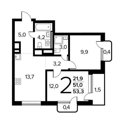 53,3 м², 2-комн. квартира, 13/14 этаж