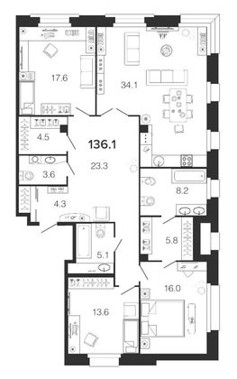 136,4 м², 4-комн. квартира, 2/9 этаж