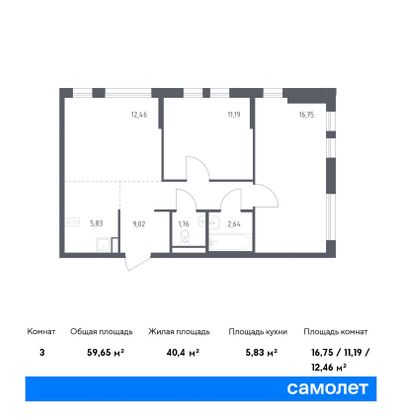 59,7 м², 2-комн. квартира, 2/14 этаж