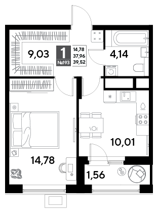 Продажа 1-комнатной квартиры 39,5 м², 16/25 этаж