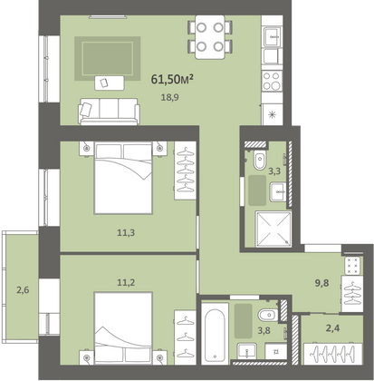 Продажа 2-комнатной квартиры 61,5 м², 9/9 этаж