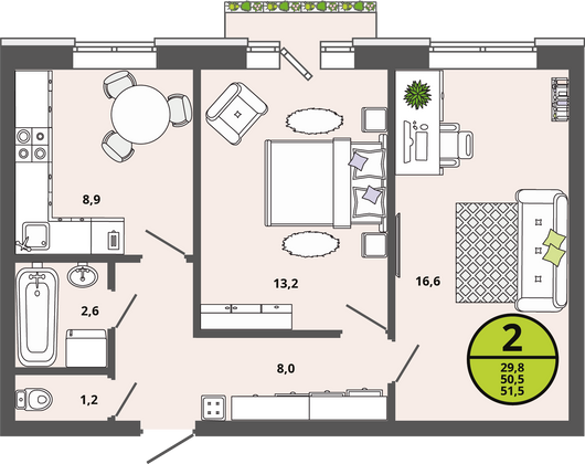 Продажа 2-комнатной квартиры 50,5 м², 2/3 этаж