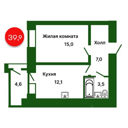 Продажа 1-комнатной квартиры 39,9 м², 4/11 этаж