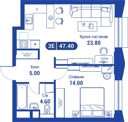 47,4 м², 2-комн. квартира, 22/26 этаж