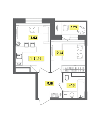 Продажа 2-комнатной квартиры 34,1 м², 6 этаж