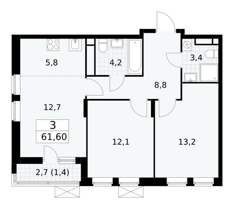 61,6 м², своб. планировка, 16/16 этаж