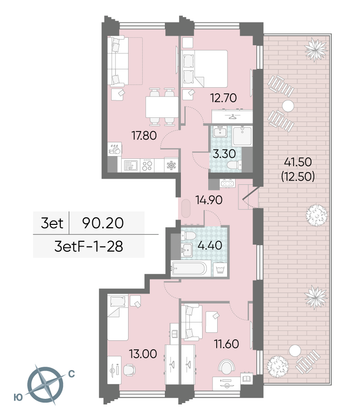 Продажа 3-комнатной квартиры 90,2 м², 28/58 этаж
