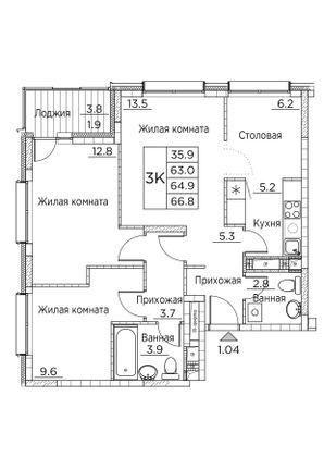 66,8 м², 3-комн. квартира, 5/21 этаж