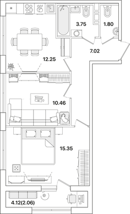 52,7 м², 2-комн. квартира, 7/12 этаж