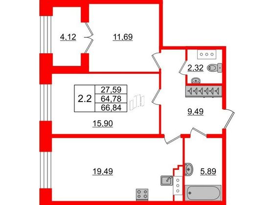 Продажа 2-комнатной квартиры 64,9 м², 6/8 этаж