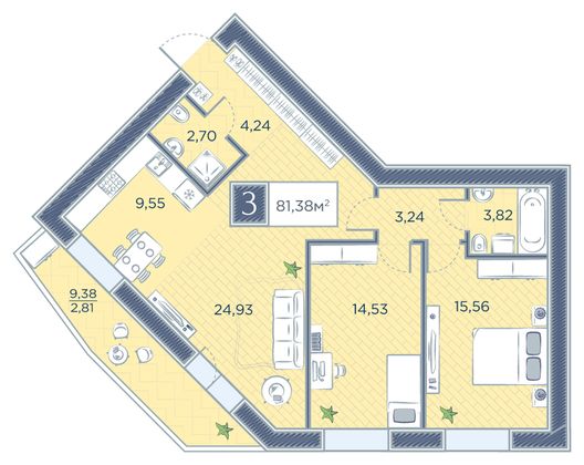 81,4 м², 3-комн. квартира, 3/8 этаж