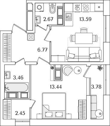 44,3 м², 1-комн. квартира, 17/22 этаж