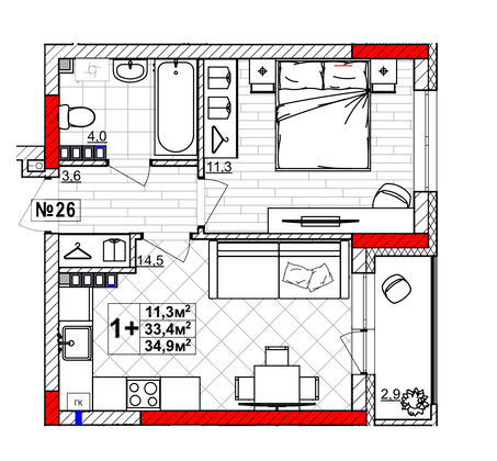 Продажа 1-комнатной квартиры 34,9 м², 4/4 этаж