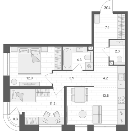 59,3 м², 2-комн. квартира, 3/12 этаж