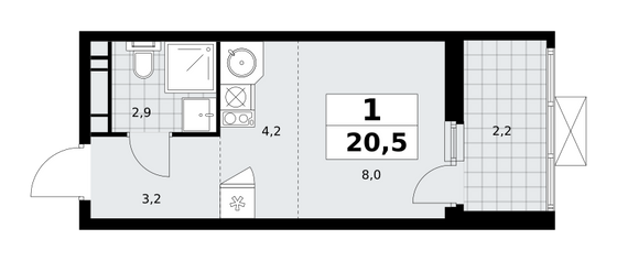 20,5 м², своб. планировка, 9/13 этаж