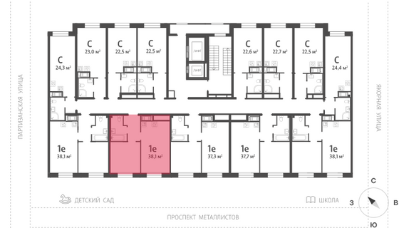 38,1 м², 1-комн. квартира, 4/12 этаж