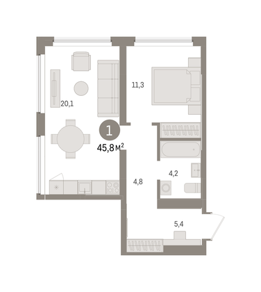 45,8 м², 1-комн. квартира, 2/7 этаж