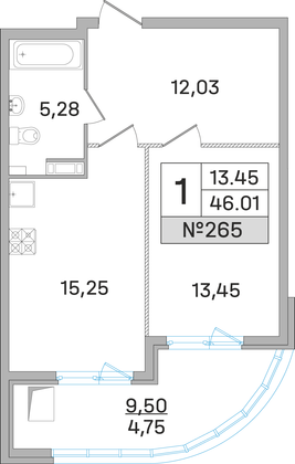 46 м², 1-комн. квартира, 14 этаж