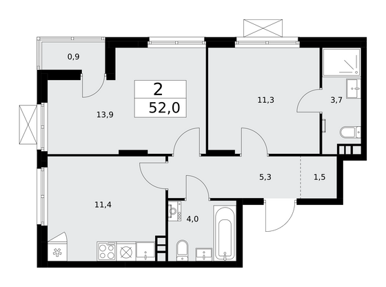 52 м², 2-комн. квартира, 6/15 этаж