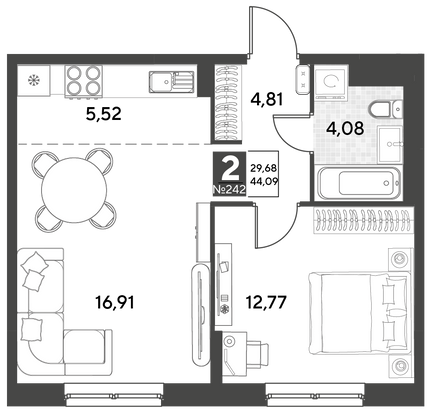 Продажа 2-комнатной квартиры 44,1 м², 8/25 этаж