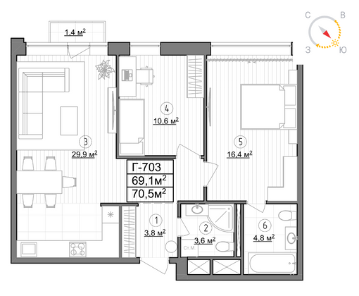 Продажа 2-комнатной квартиры 69,1 м², 5/14 этаж