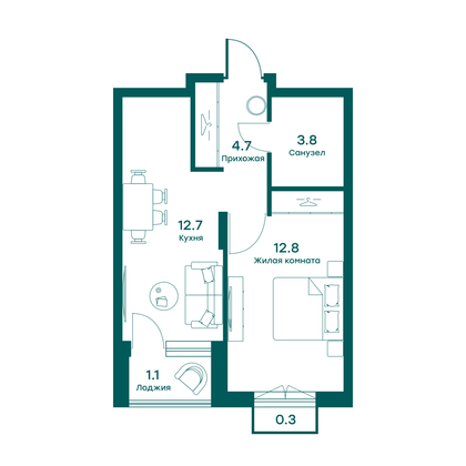35,4 м², 1-комн. квартира, 2/5 этаж
