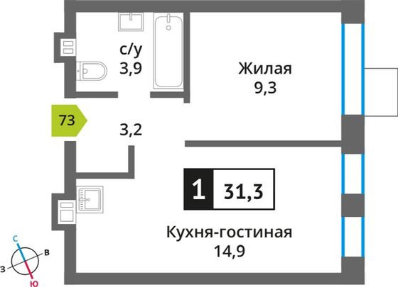 Продажа 1-комнатной квартиры 31,3 м², 9/9 этаж