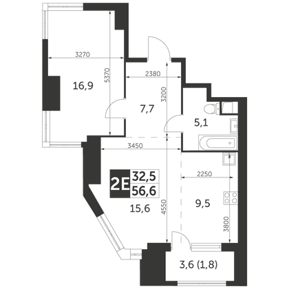 56,6 м², 2-комн. квартира, 23/47 этаж