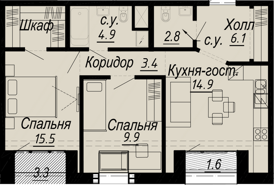 58 м², 2-комн. квартира, 7/8 этаж