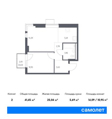 41,5 м², 1-комн. квартира, 4/17 этаж