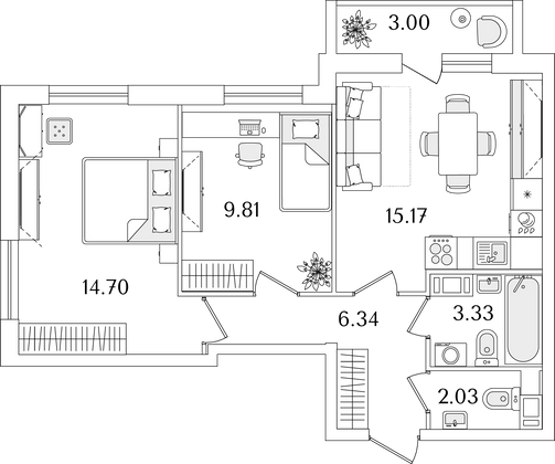 52,9 м², 2-комн. квартира, 3/9 этаж