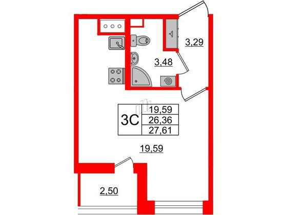 Продажа квартиры-студии 26,4 м², 2/9 этаж