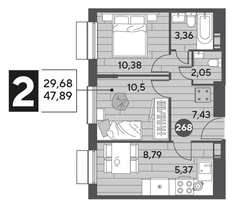 Продажа 2-комнатной квартиры 47,9 м², 2/15 этаж