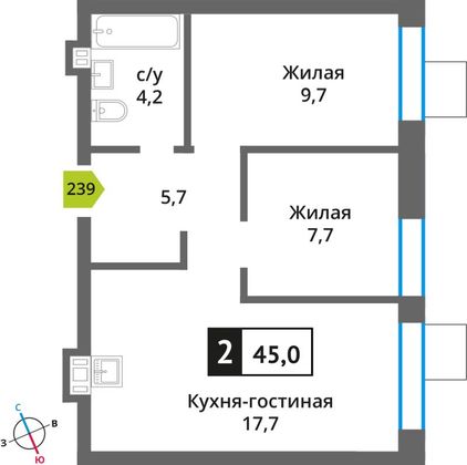 Продажа 2-комнатной квартиры 45 м², 9/9 этаж