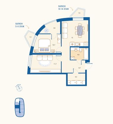 Продажа 2-комнатной квартиры 58,5 м², 4/18 этаж