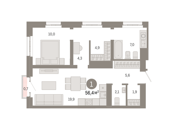 Продажа 1-комнатной квартиры 56,4 м², 28/31 этаж