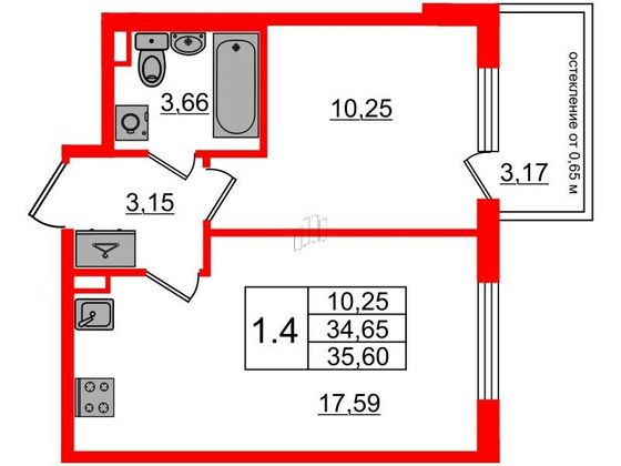 Продажа 1-комнатной квартиры 34,7 м², 1/4 этаж