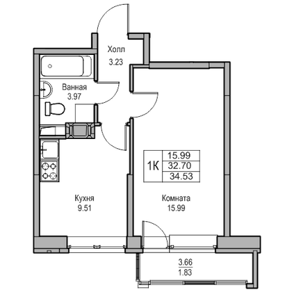 Продажа 1-комнатной квартиры 32,7 м², 18/23 этаж