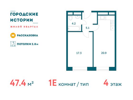 Продажа 1-комнатной квартиры 47,4 м², 4/19 этаж