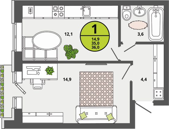 Продажа 1-комнатной квартиры 35 м², 2/3 этаж