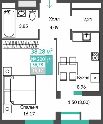 36,8 м², 1-комн. квартира, 12/12 этаж