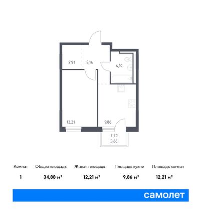 34,9 м², 1-комн. квартира, 2/18 этаж