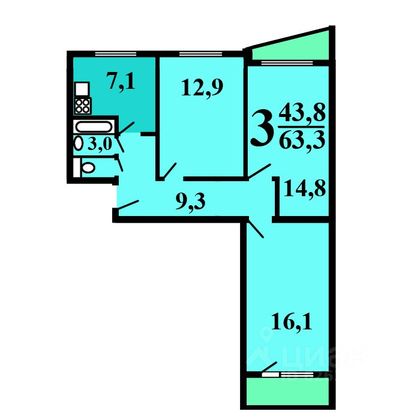 Продажа 3-комнатной квартиры 63 м², 4/12 этаж