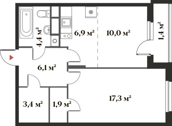 51,4 м², 2-комн. квартира, 2/6 этаж