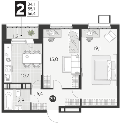 Продажа 2-комнатной квартиры 56,4 м², 12/21 этаж