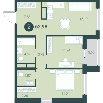 63 м², 2-комн. квартира, 9/23 этаж