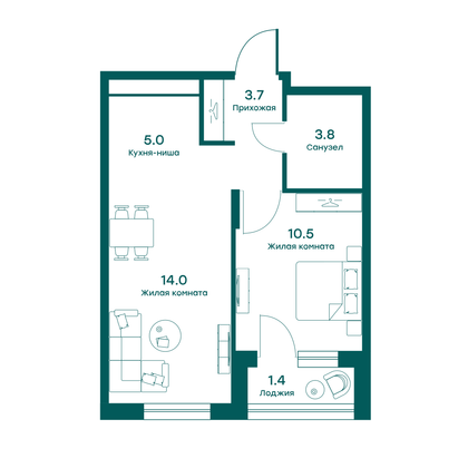 38,5 м², 2-комн. квартира, 5/6 этаж