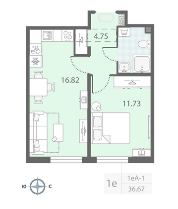 Продажа 1-комнатной квартиры 36,7 м², 12/23 этаж