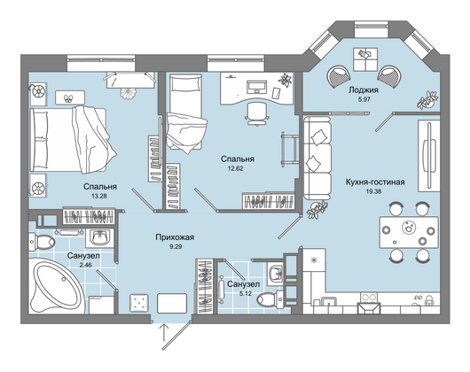 65 м², 3-комн. квартира, 14/15 этаж