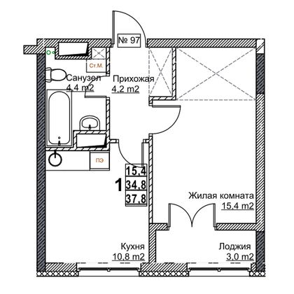 Продажа 1-комнатной квартиры 37,8 м², 12/24 этаж